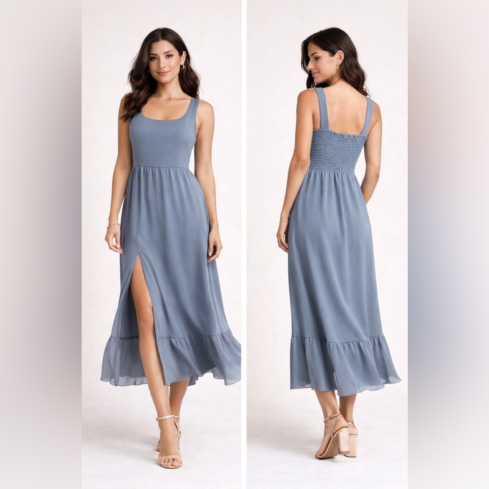 Show Me Your Mumu Steel Blue Midi Dress Slit Hem Sleeveless Flowy Size M